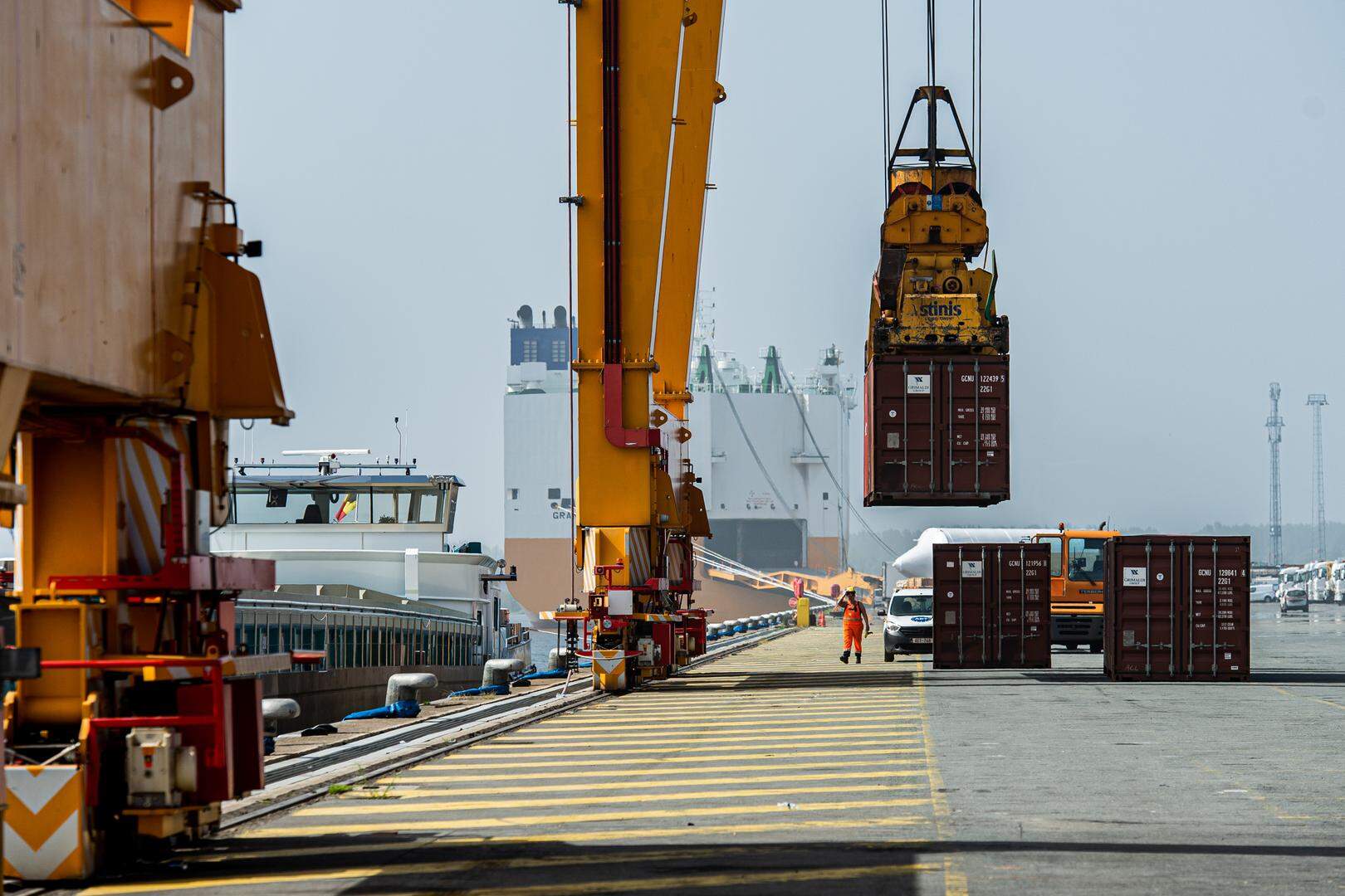 Illustration shows containers at Antwerp Euroterminal AET in the Antwerp harbor, Friday 11 June 2021. AET is the largest multipurpose terminal in Europe and the home to vessels of the Grimaldi Group. BELGA PHOTO JONAS ROOSENS