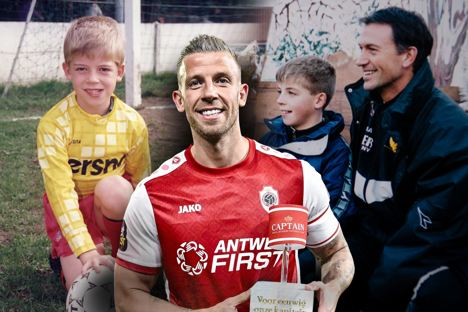 Links: een jonge Toby Alderweireld. Rechts: met Marc Degryse bij Germinal Beerschot.