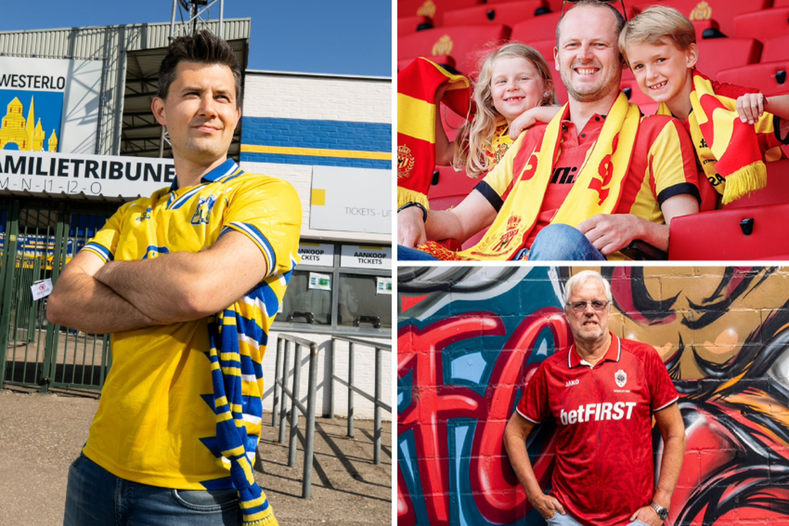 "Of we zouden wegblijven als het nog duurder wordt om naar het voetbal te gaan? Neen, in het stadion voelen we ons thuis. Het ís onze thuis", zeggen Jorn (links), Bram (boven) en Nico. 