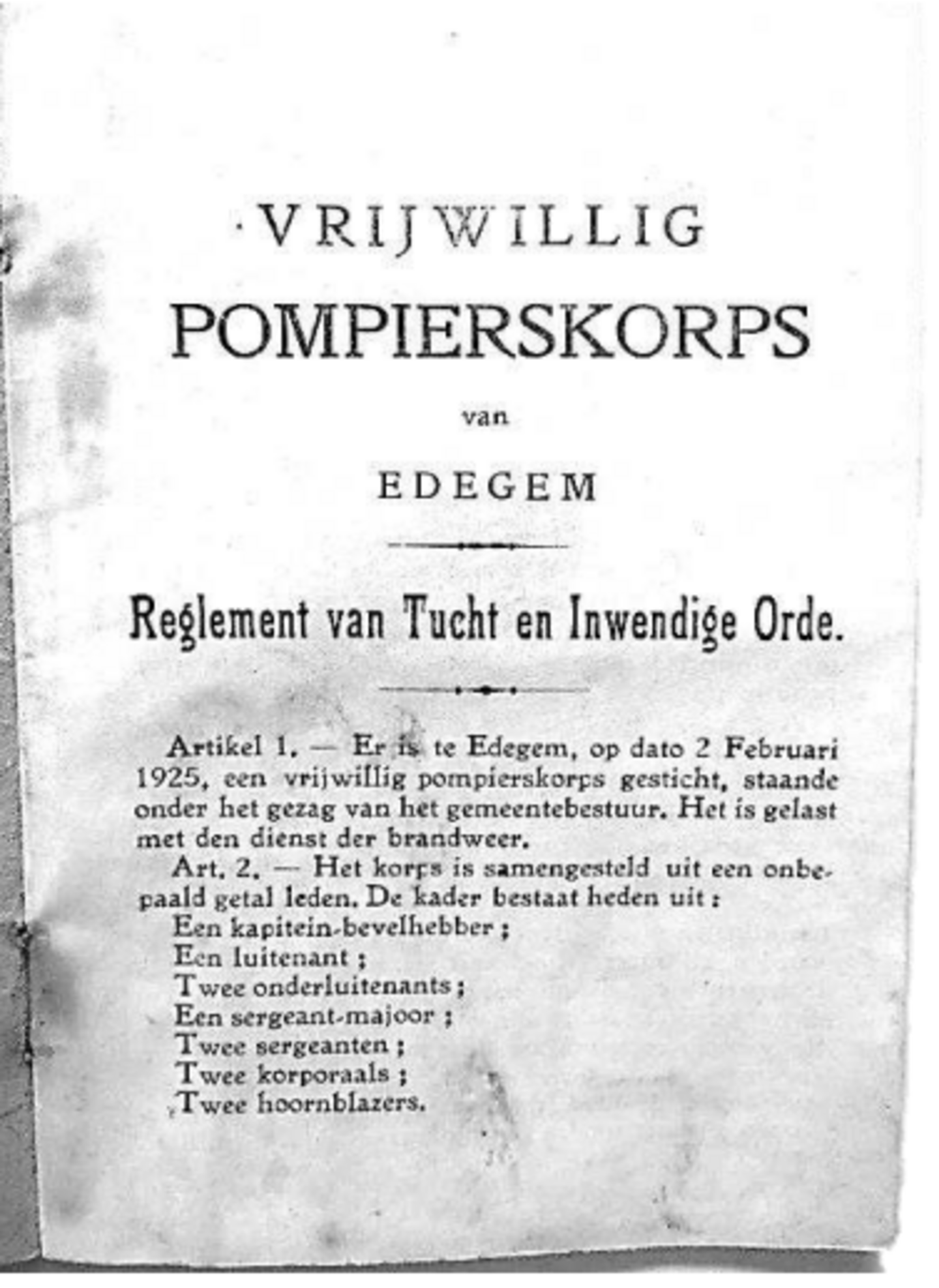 Reglement. van het vrijwillig pompierskorps Edegem.
